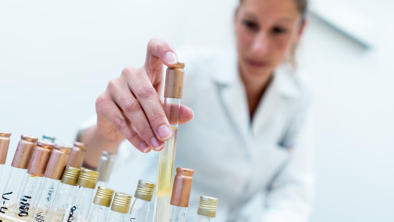 Focus sur la main d'une laborantine tenant un tube de laboratoire