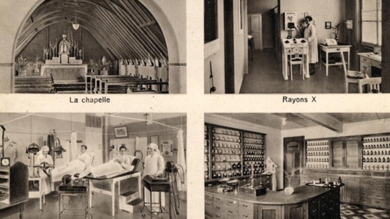 Postkarte mit Schwarzweissfotos von einigen Abteilungen des Kantonsspitals Freiburg: Die Kapelle, ein Raum mit Tisch und Stühlen sowie einem Röntgengerät, ein Elektrotherapieraum mit zwei Patienten in Betten und die Pharmazie mit Schränken voller Fläschchen. 